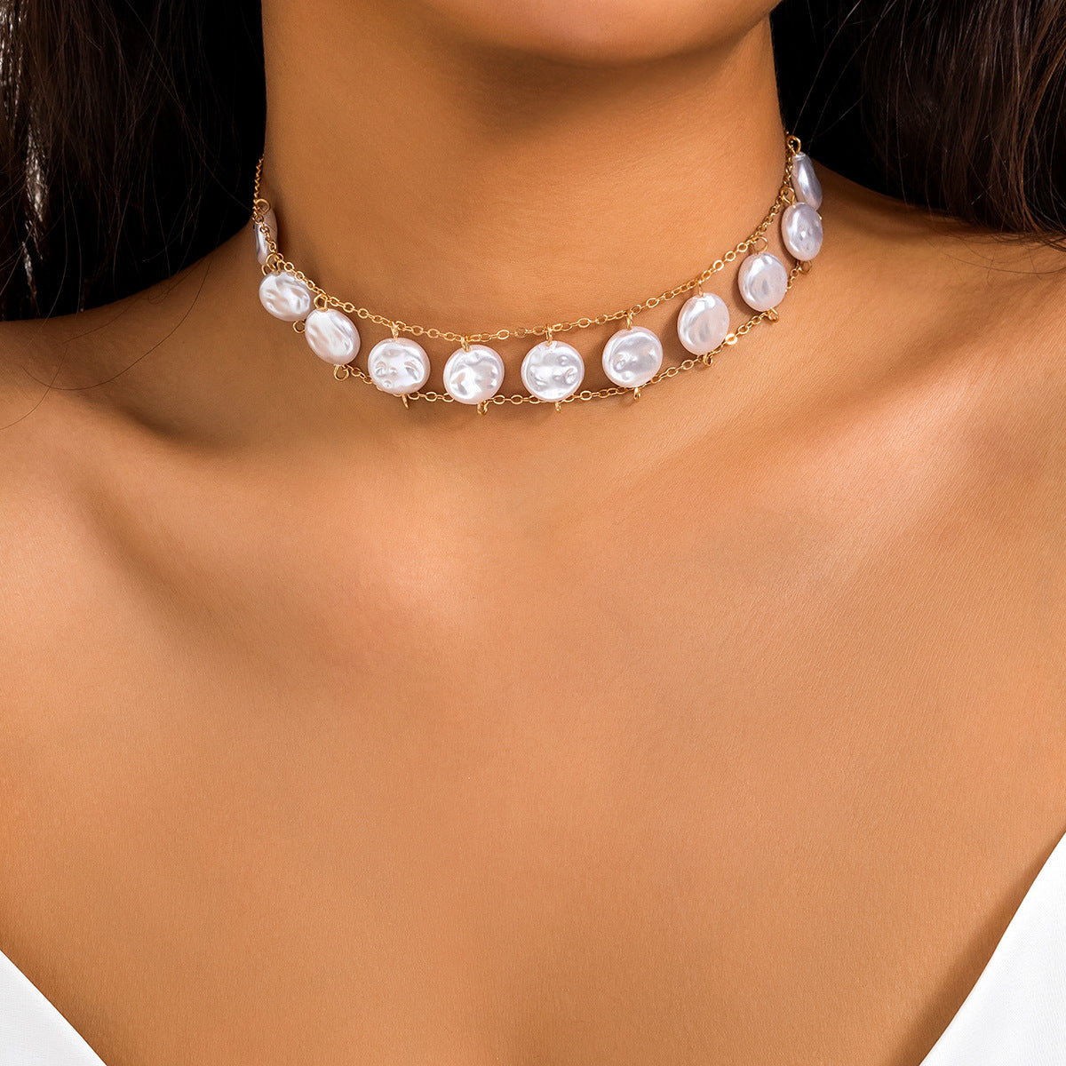 Flat Round Pearl Necklace with Choker Chain - Vienna Verve Collection