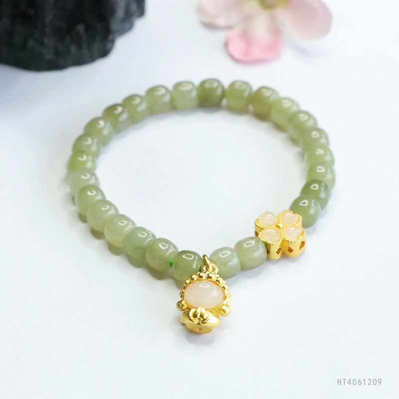 Qingshui Hetian Jade Flower & Buddha Charm Bracelet