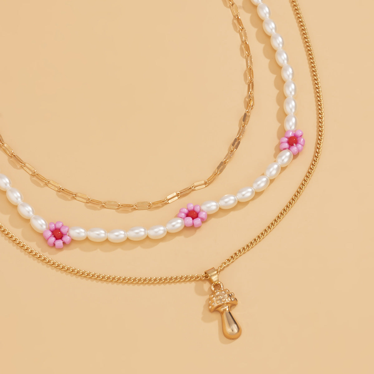Planderful Mushroom Flower Necklace Multi Layer Pastoral Imitation Pearl For Women Elegant Statement Jewelry