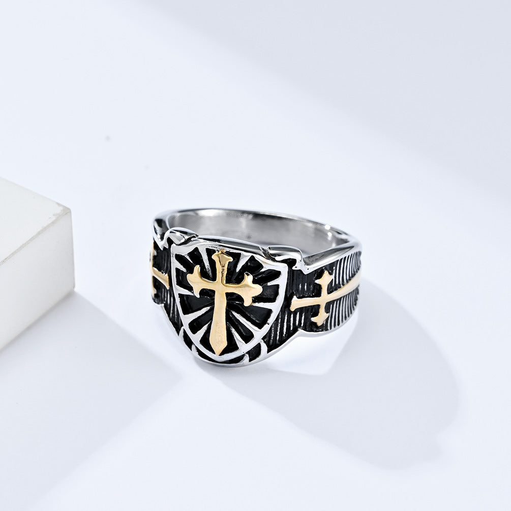 Steel Ring – Vintage Crusader Shield Cross Mens Everyday Niche Ring Stainless Steel Planderful