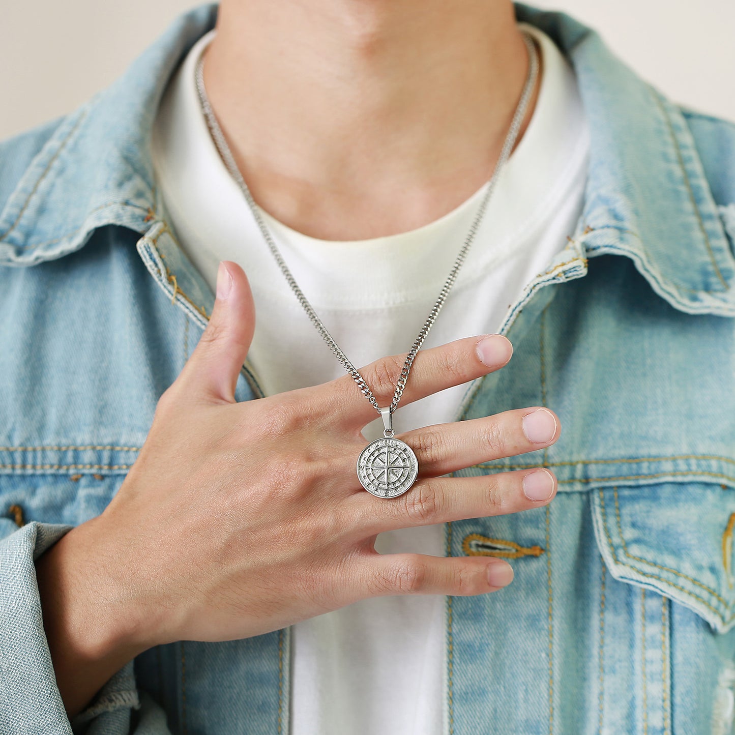 Stainless Steel Compass Pendant Gold Coin Compass Necklace