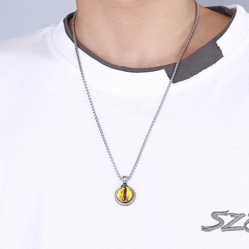 Trendy European and American Street Style Snake Inlaid Tiger's Eye Titanium Steel Men's Pendant