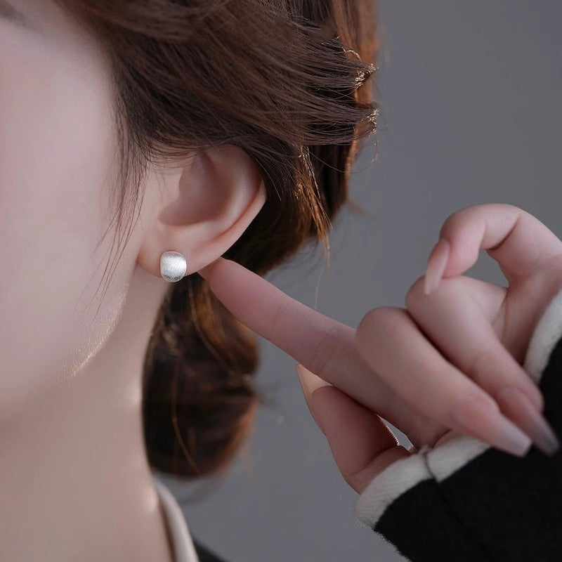 925 Sterling Silver Frosted Brushed Ball Earrings Women's Versatile Style