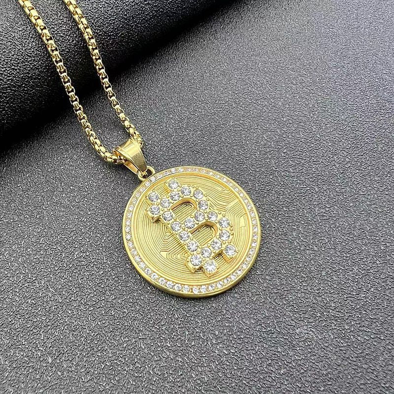Planderful Bitcoin Pendant Gold Plated Steel Rhinestone Necklace for Hip Hop Fans Statement Accessory