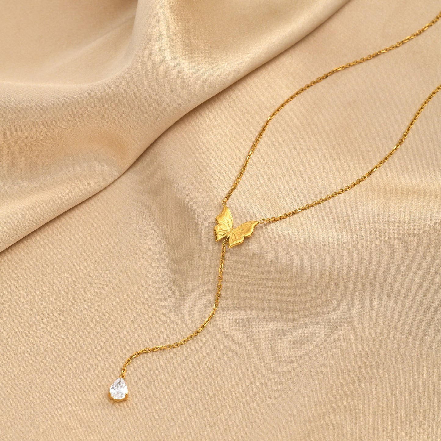 Stainless Steel Butterfly Tassel Water Drop Zircon Y-Shaped Women's Zircon Pendant Necklace