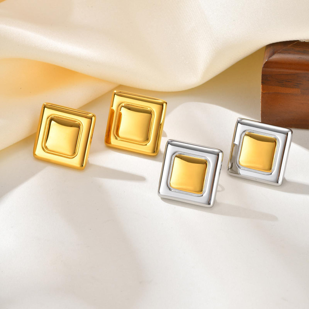 Geometric Square Stud Earrings — Gold or Two-Tone