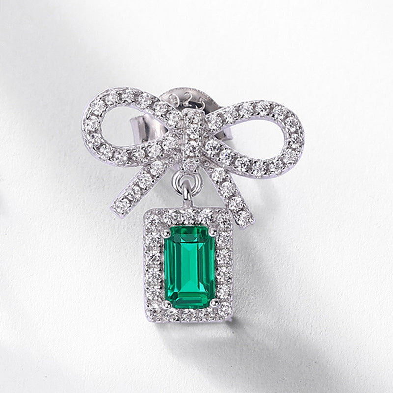 S925 Sterling Silver Lab-Grown Emerald Bow Stud Earrings