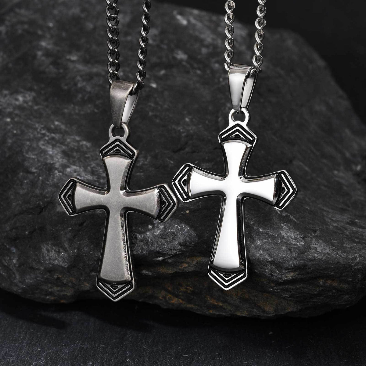 Stainless Steel Baked Black Lacquer Cut Cross Pendant Necklace