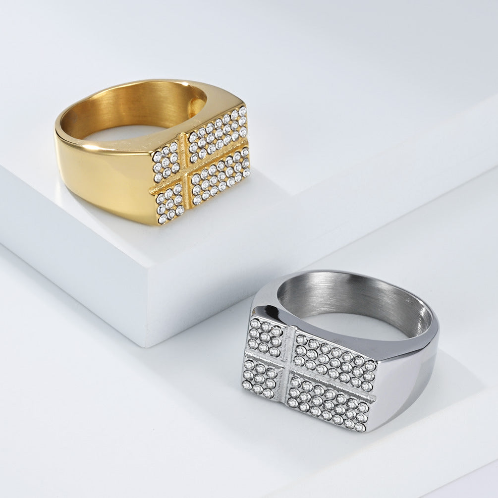 Planderful Everyday Genie Luxurious Titanium Steel Cross Ring Gold Plated Zircon Unisex For Men