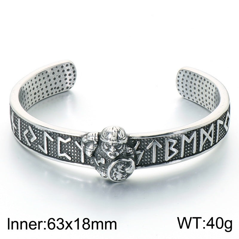 Nordic Viking Warrior Luhn Rune C-Type Bracelet Wolf Head Stainless Steel Men's Open