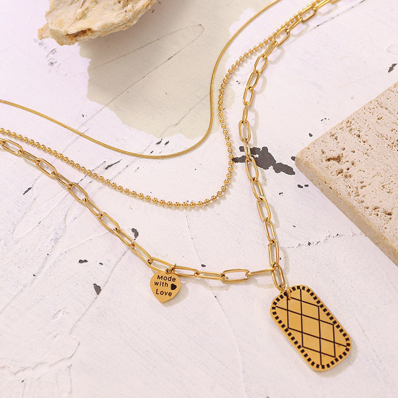 Three-Layer Square Love Pendant Necklace - Punk Style Titanium Steel Clavicle Necklace
