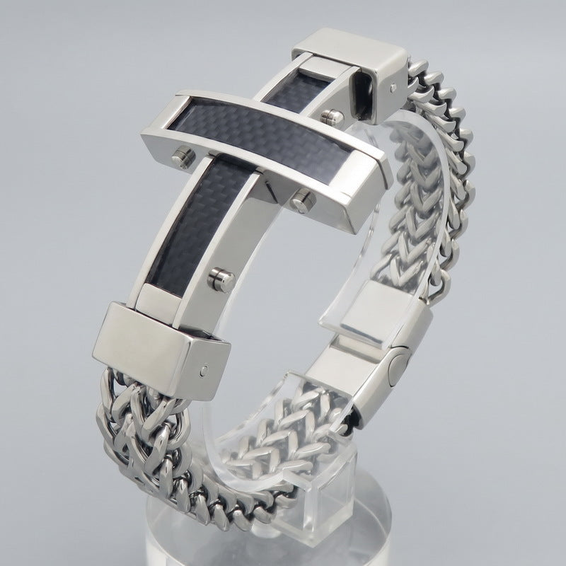 Hip Hop Carbon Fiber Cross Double Layer Front & Back Chains Magnetic Buckle Stainless Bracelet