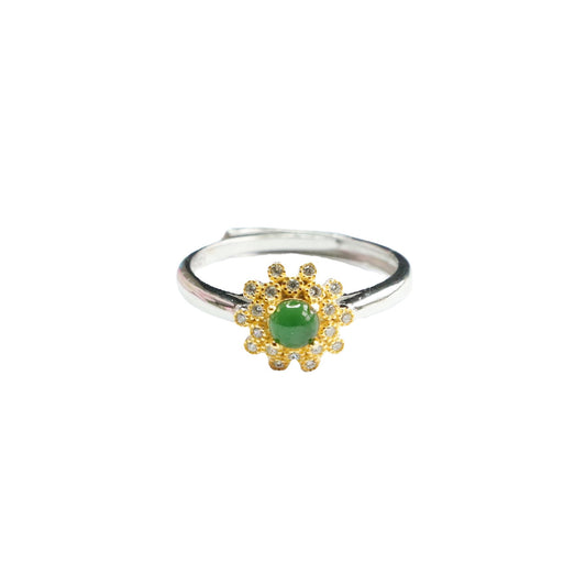 Ice Emperor Green Jade Sterling Silver Ring with Golden Daisy