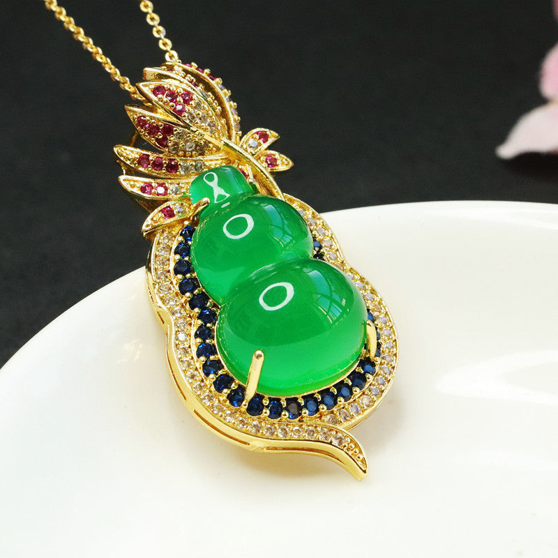 Chalcedony Gourd Pendant Necklace with Zircon Flower Detail