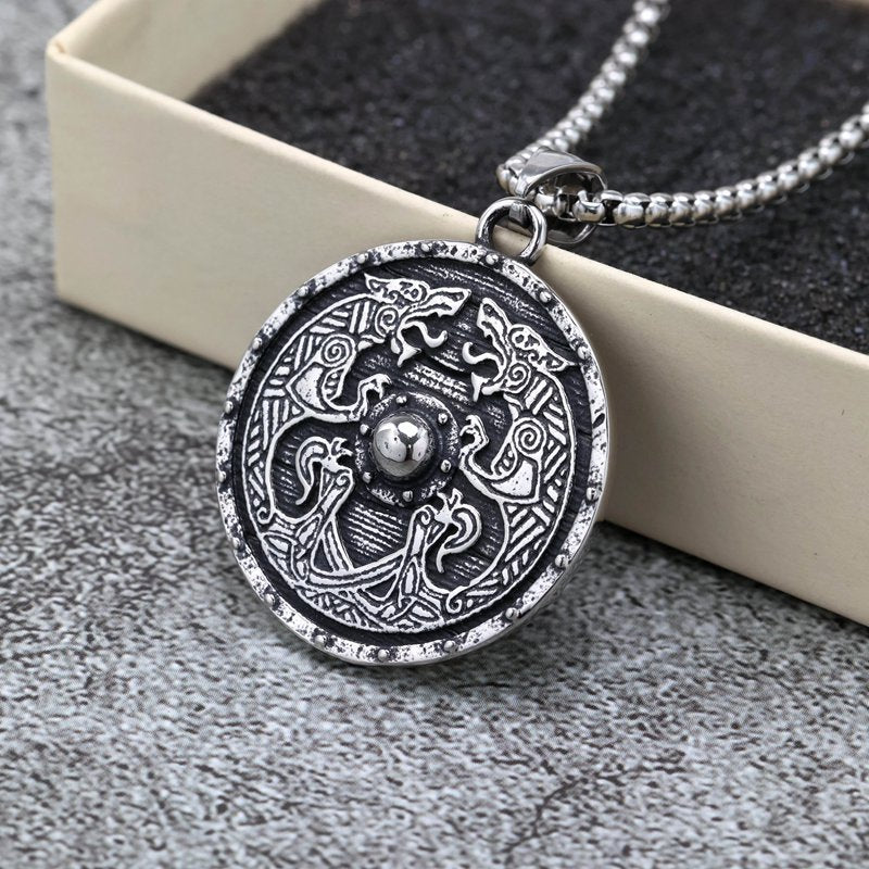 Planderful Retro Viking Shield Pendant Necklace Stainless Steel Unisex Double Sided Norse Legacy