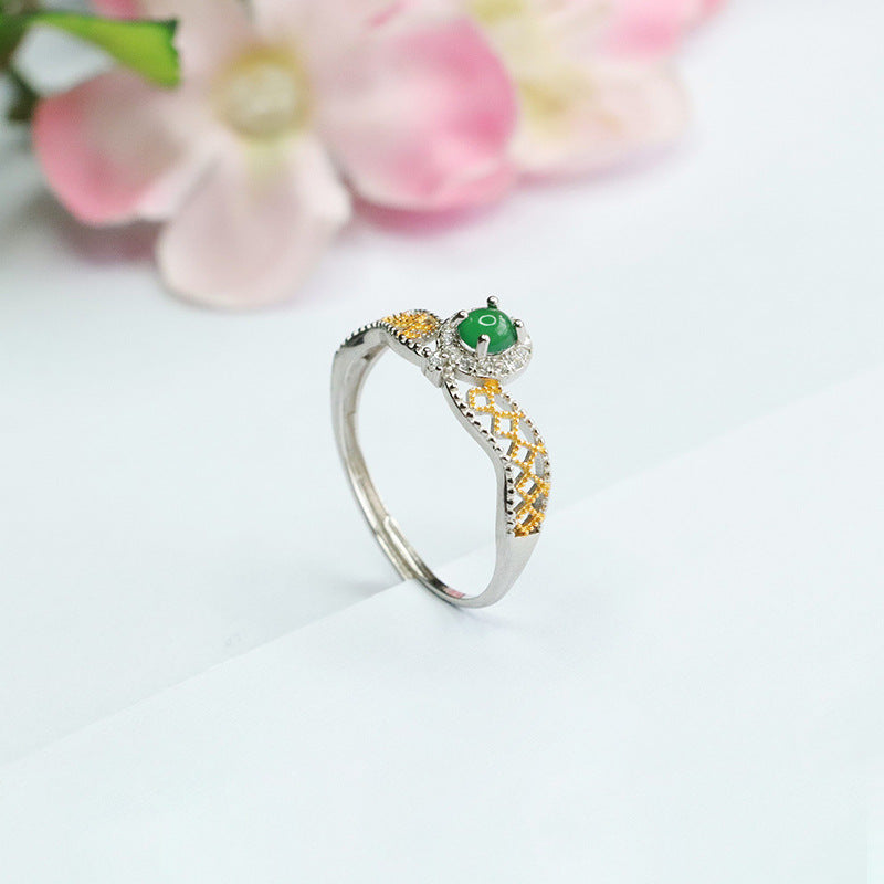 Sterling Silver Ring with Ice Emperor Green Jade and Golden Hollow Pattern
