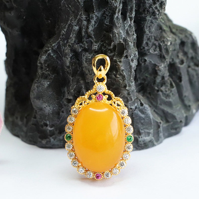 Colorful Zircon Halo Amber Pendant with Sterling Silver Necklace