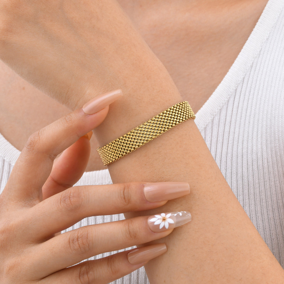Wide Mesh Strap Gold Stainless Steel Bracelet for Women