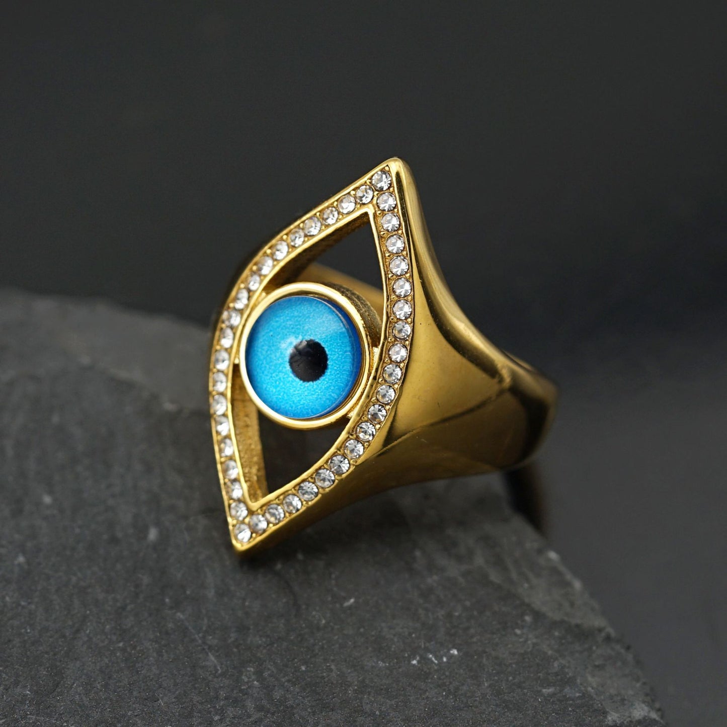 Planderful Blue Angel Eye Ring Unisex Titanium Steel Gold Plated Protection Statement Jewelry