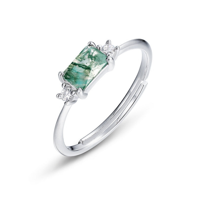 S925 Sterling Silver Moss Agate Geometric Ring