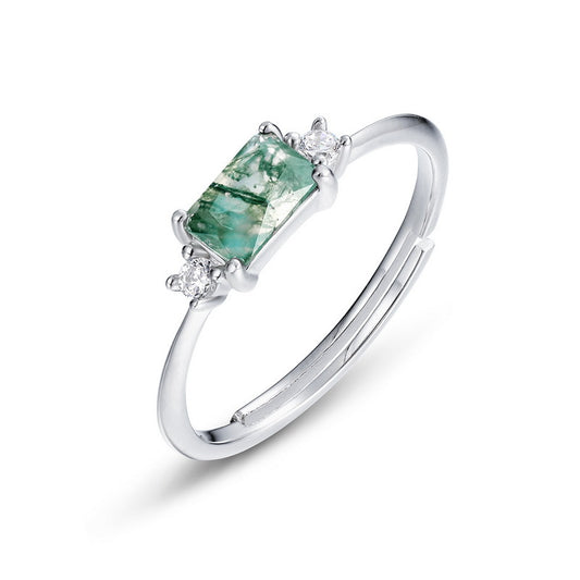 S925 Sterling Silver Moss Agate Geometric Ring