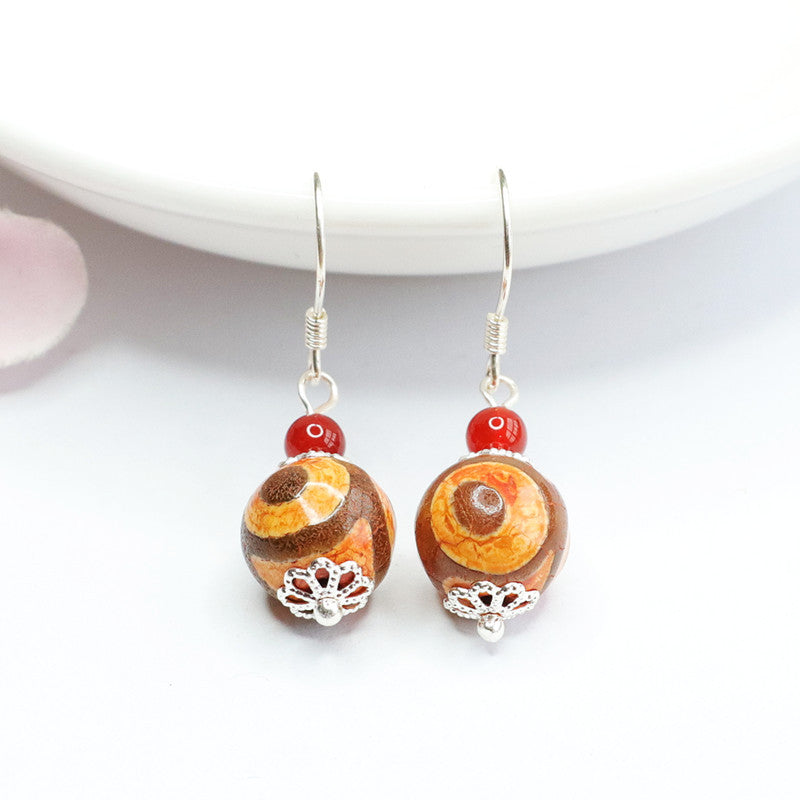 Three-Eye Dzi Bead 925 Silver Hook Earrings