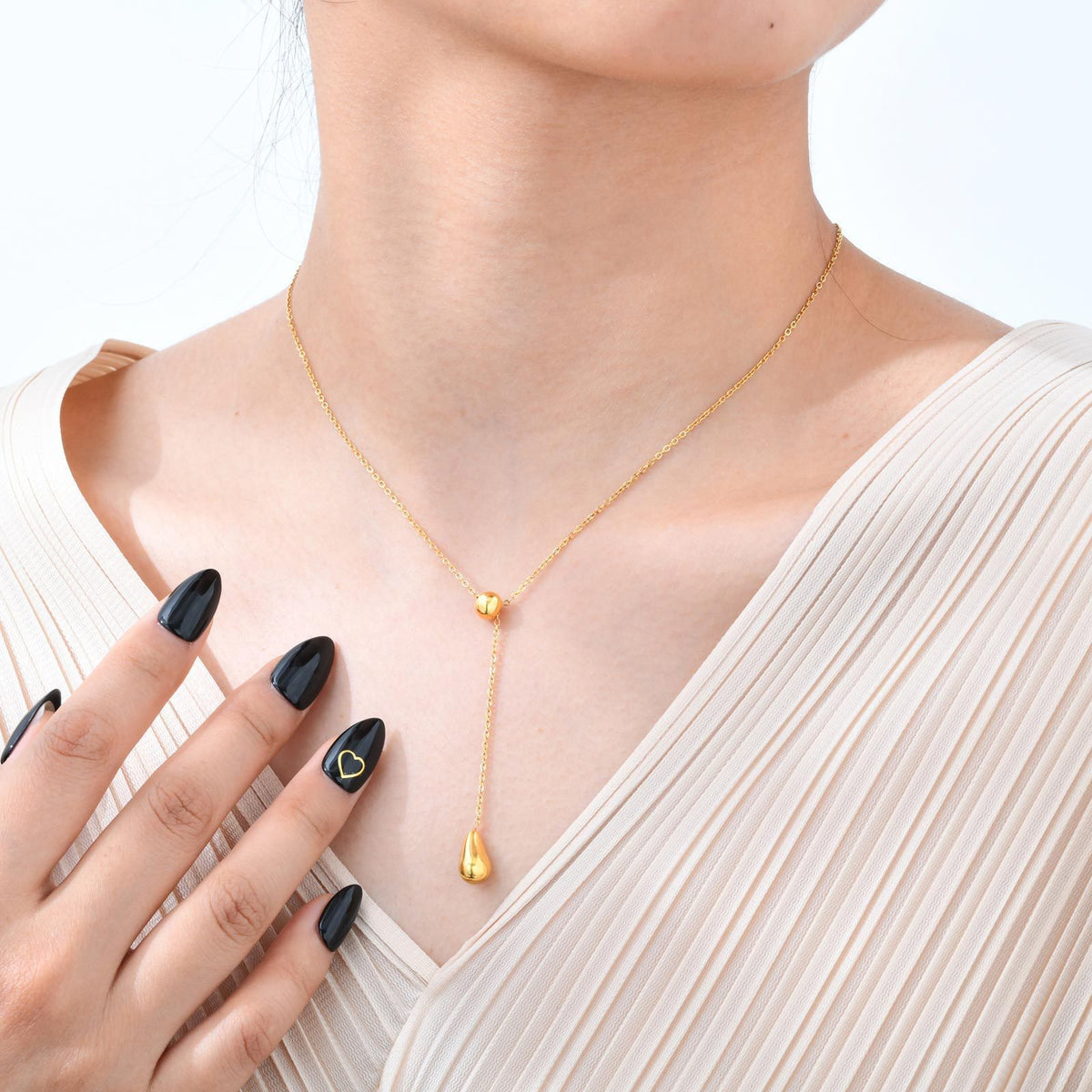 Stainless Steel Flat Cross Chain Water Drop Y-Shaped Gold Necklace