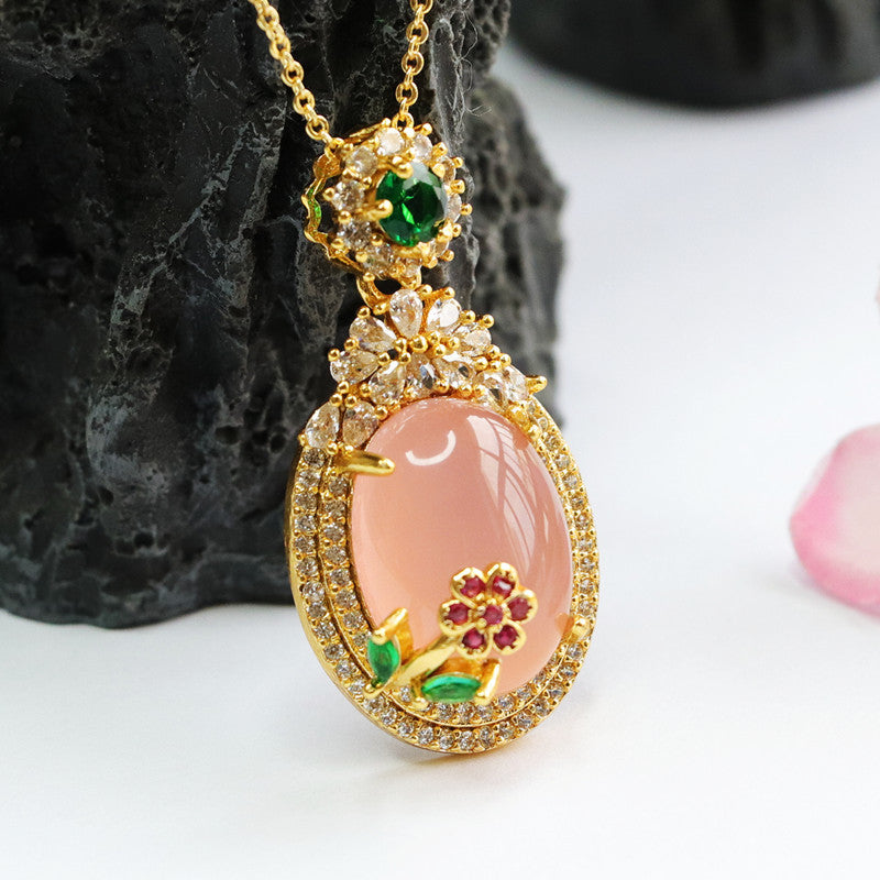 Chalcedony Flower Pendant Necklace with Zircon Accents