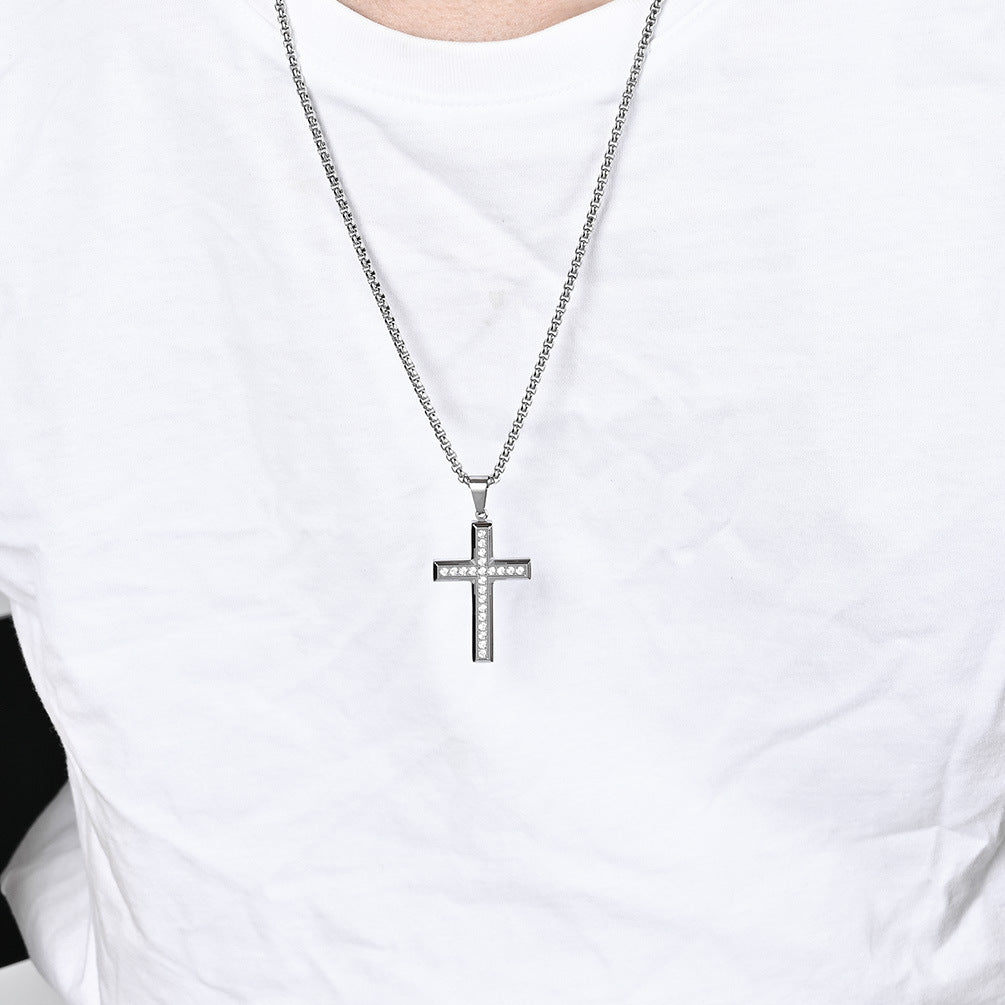 Planderful Zircon Cross Necklace Titanium Steel Unisex Inlaid Sparkle Light Luxury Pendant
