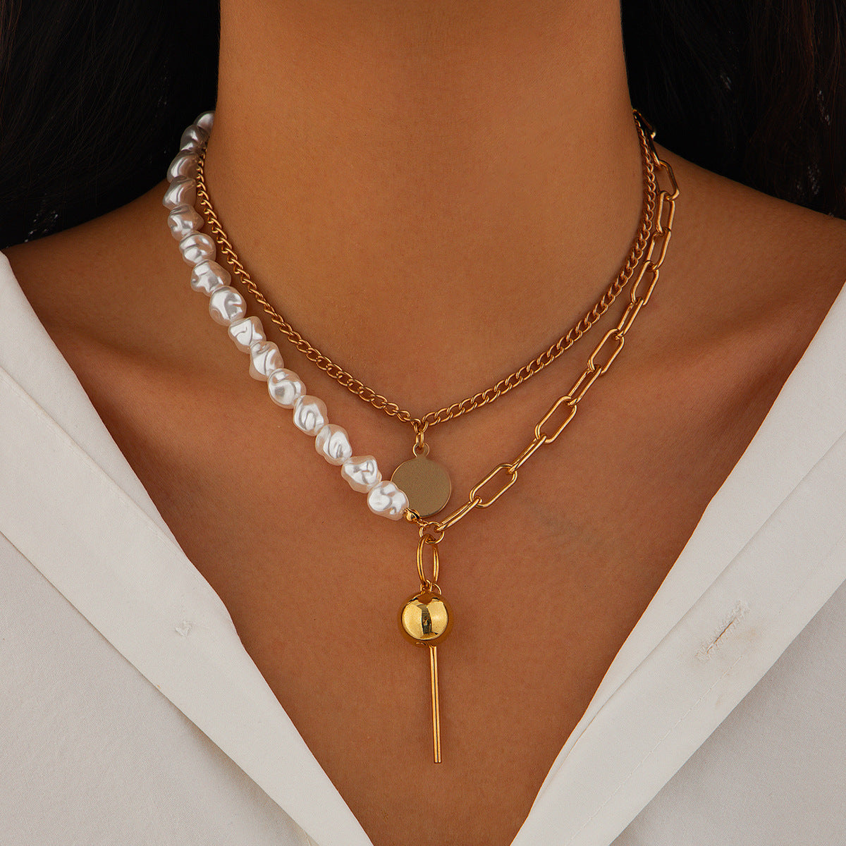 Geometric Pearl-Style Layered Pendant Necklace