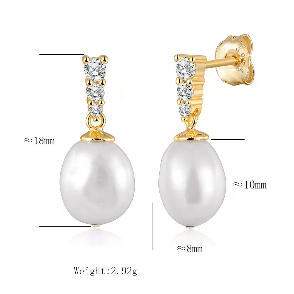 S925 Sterling Silver Natural Freshwater Baroque Pearl Earrings Micro Zircon Stud Earrings
