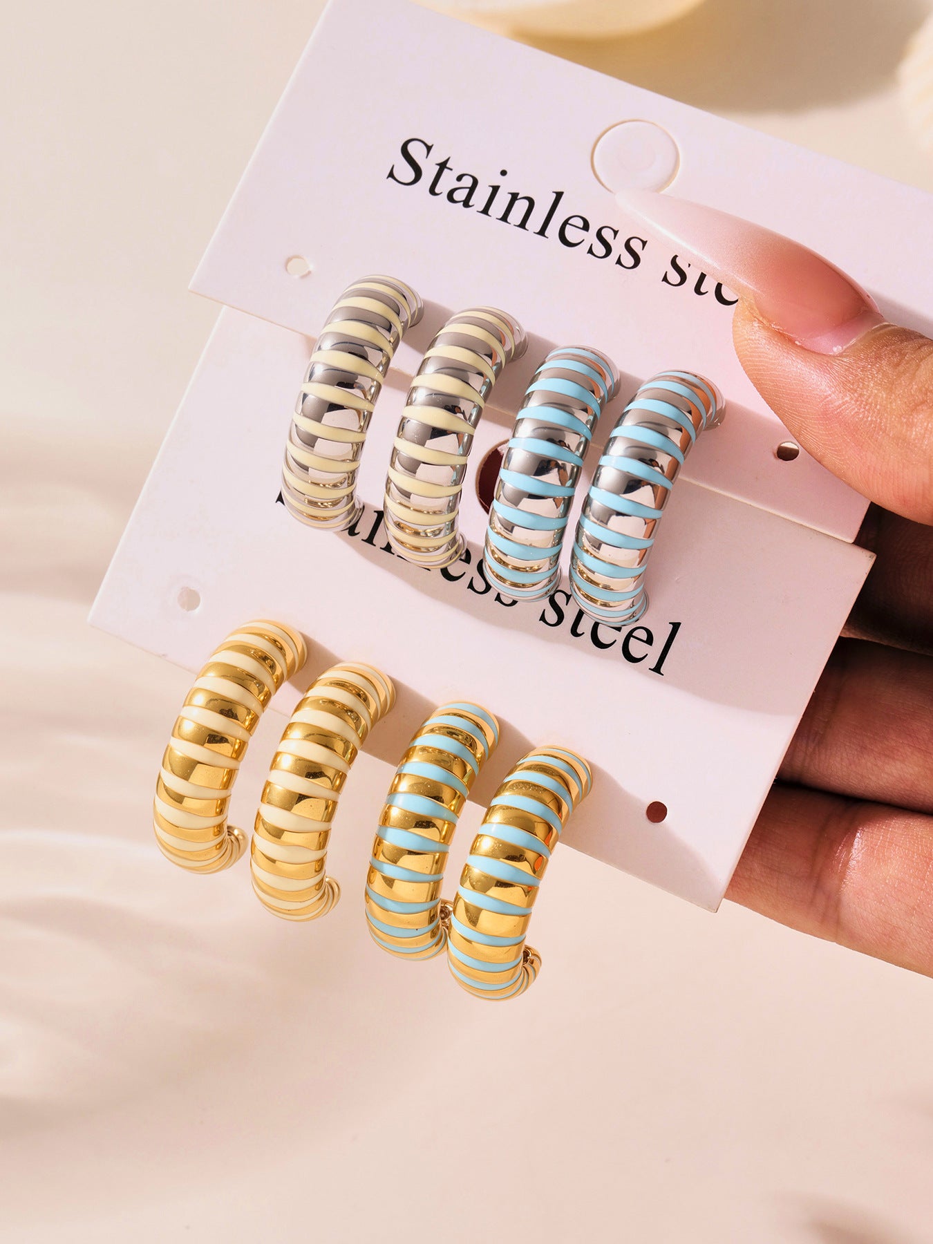 Planderful Inlaid Bead C Shape Wave Earrings Gold For Women