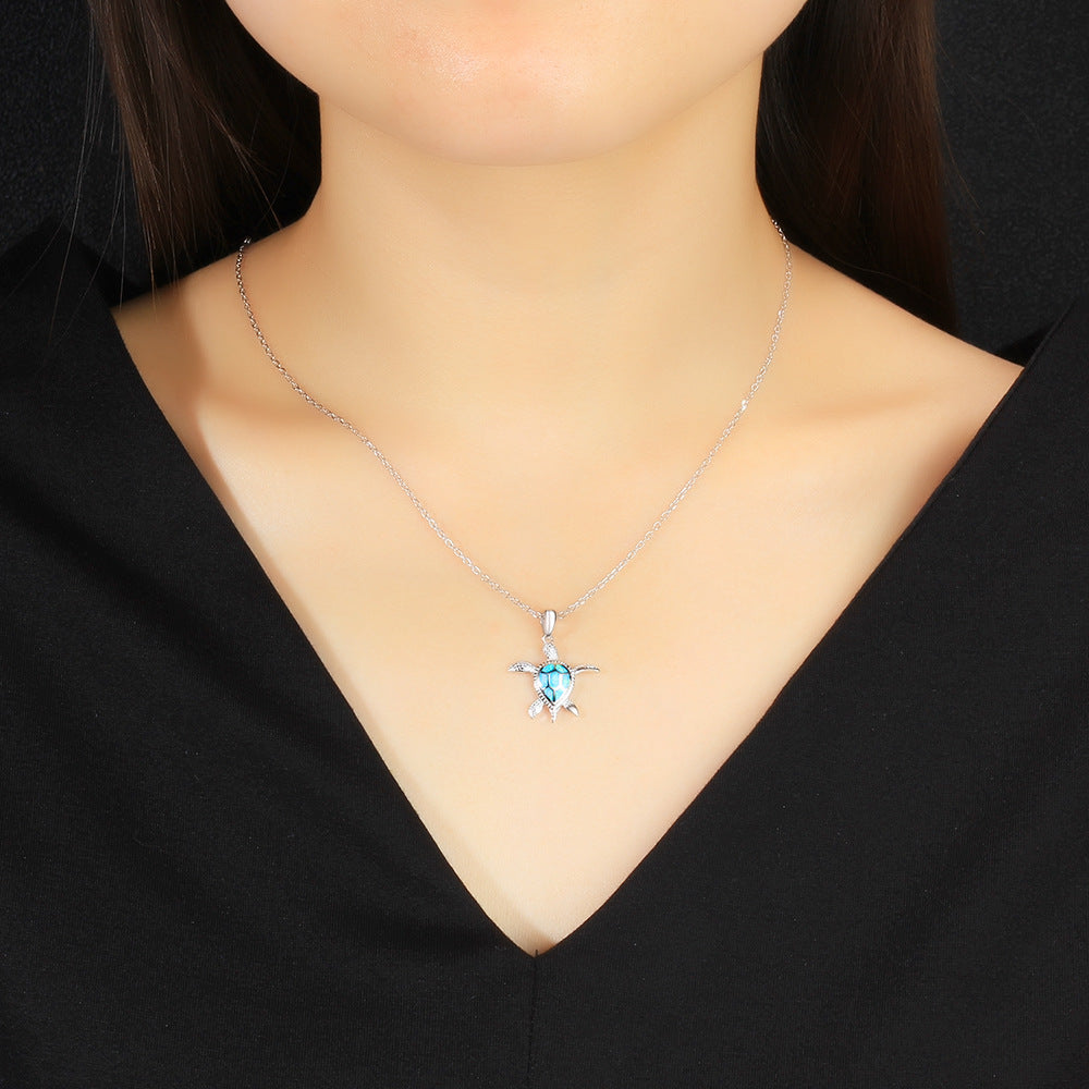 Planderful Jewelry Opal Necklace Sterling Silver Turtle Pendant Blue S925 Elegant Everyday Luxury