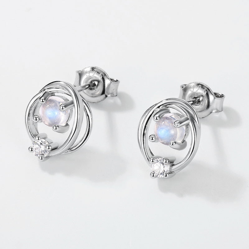 Planderful Cosmic Saturn S925 Sterling Silver Stud Earrings – Simple Blue Moonlight Planet Design