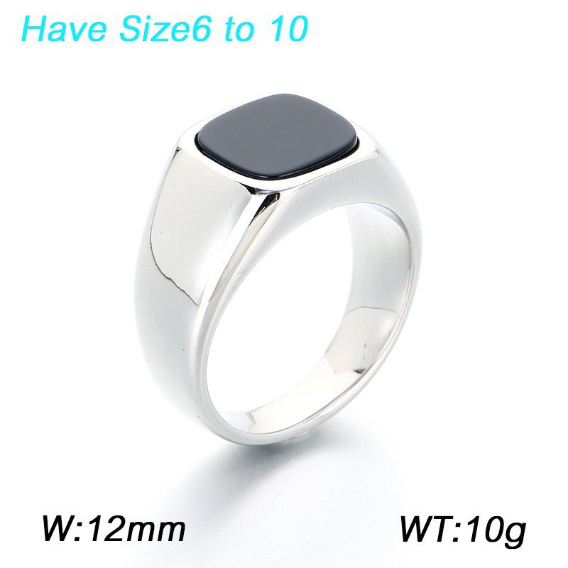 Cold Smooth Stainless Steel Ring, Square Black Stone Titanium Steel Men's
