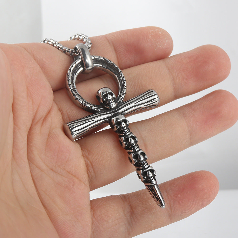 Stainless Steel Skull Pendant Necklace for Men - Trendy Retro Punk Style Cross Pendant