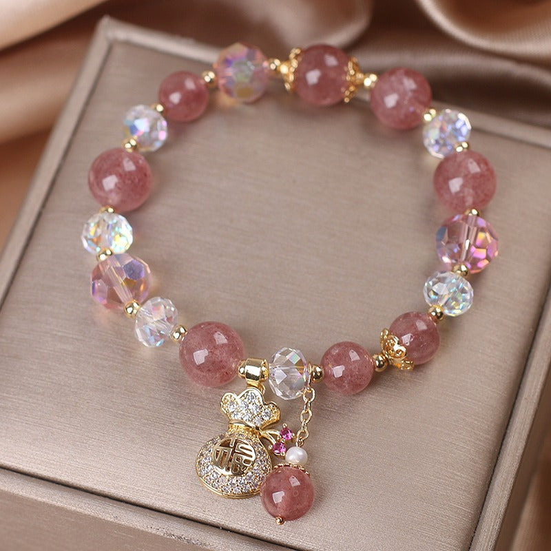 Exquisite Natural Strawberry Crystal Bracelet with Zircon-Encrusted Purse Pendant