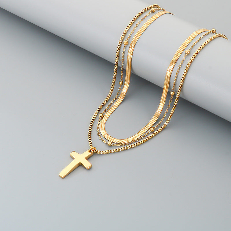 Flat Snake Chain Multi-Layer Chain Necklace, Retro Stainless Steel Box Chain Cross Pendant