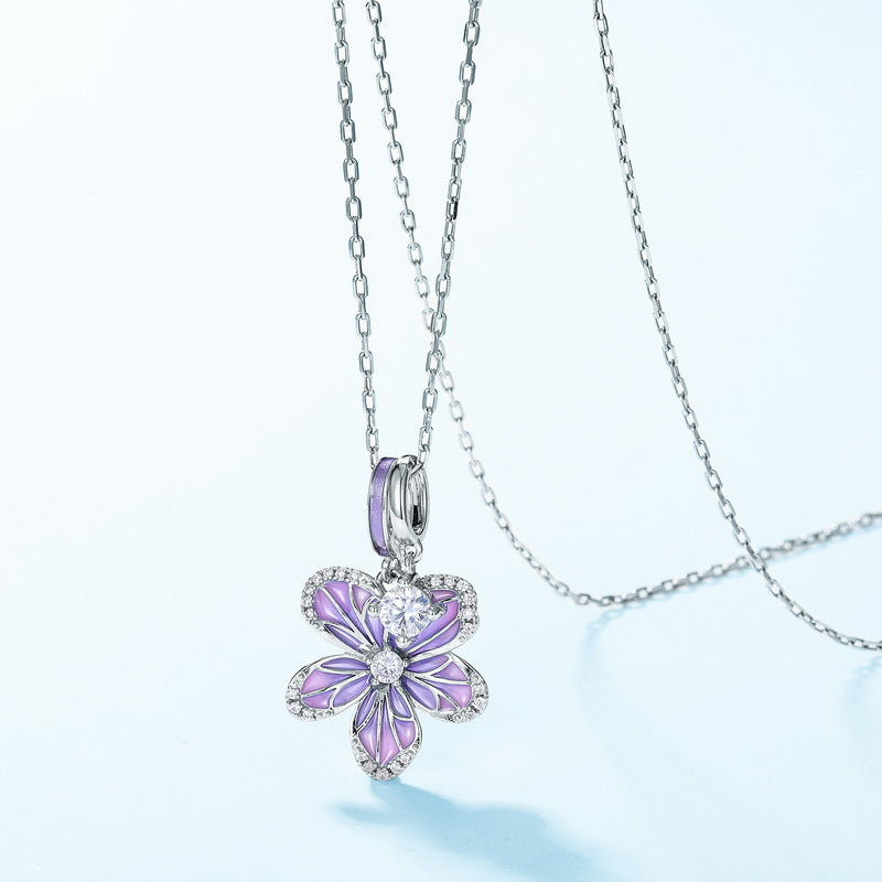 Purple Enamel Orchid Pendant Zircon Sterling Silver Necklace