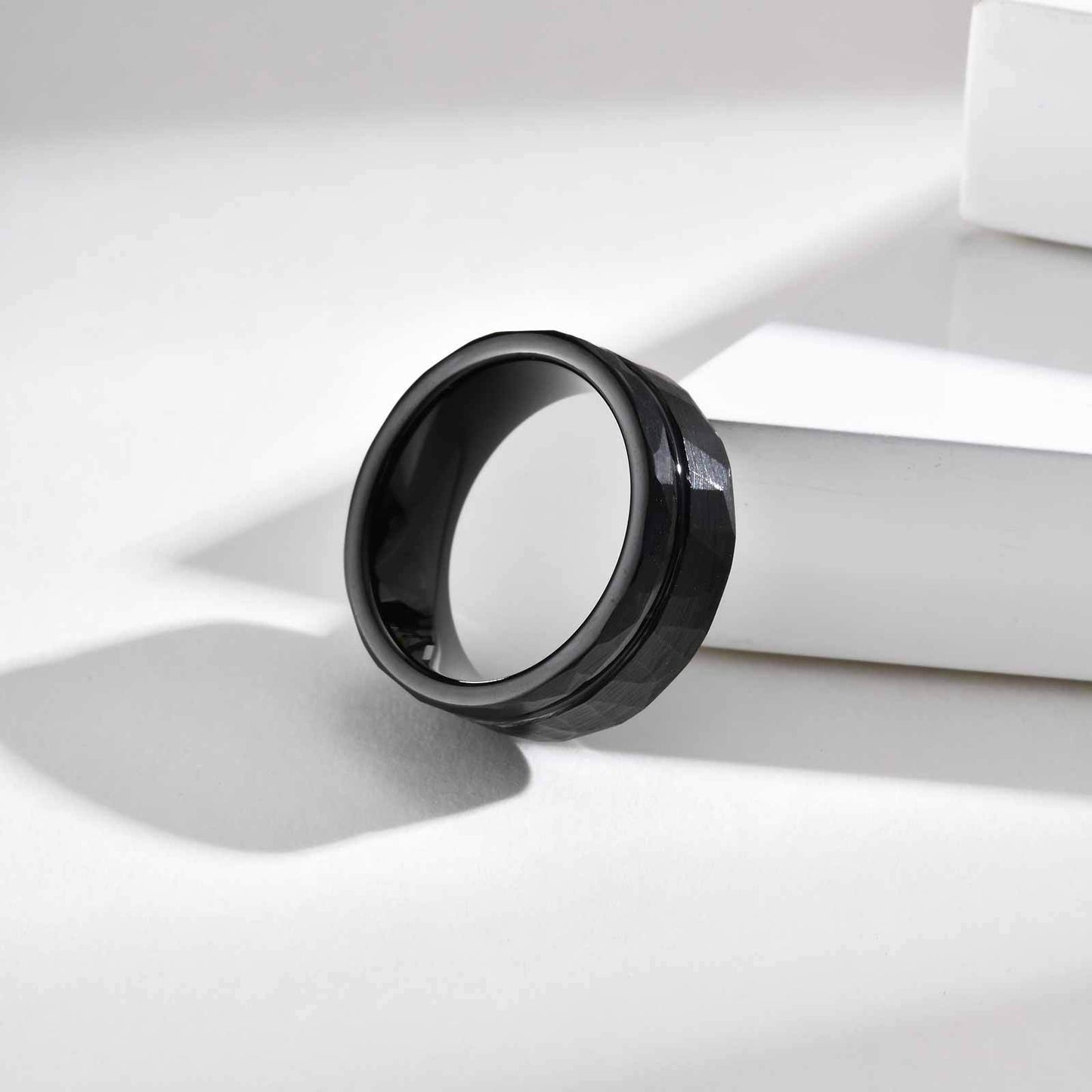 Black 8mm Tungsten Steel Ring Brushed Inner Hammer Texture