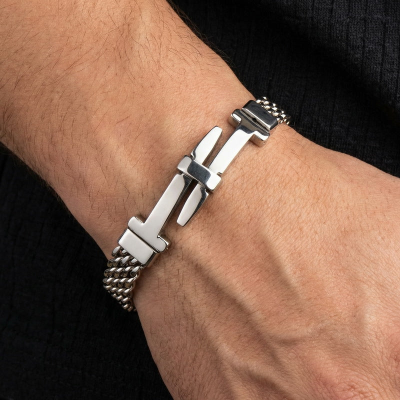 Style Buckle With Extension Chain Bracelet – Cross Curved Bar Mesh Chain Stainless Steel