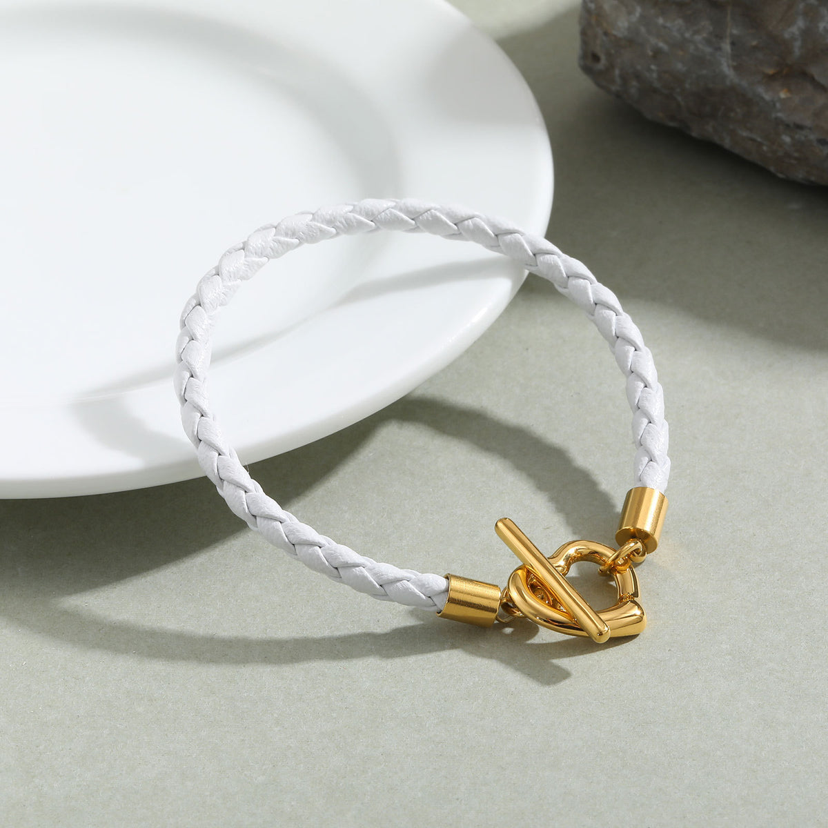 Ladies Stainless Steel Flower Ot Buckle White Microfiber Leather Bracelet Gold