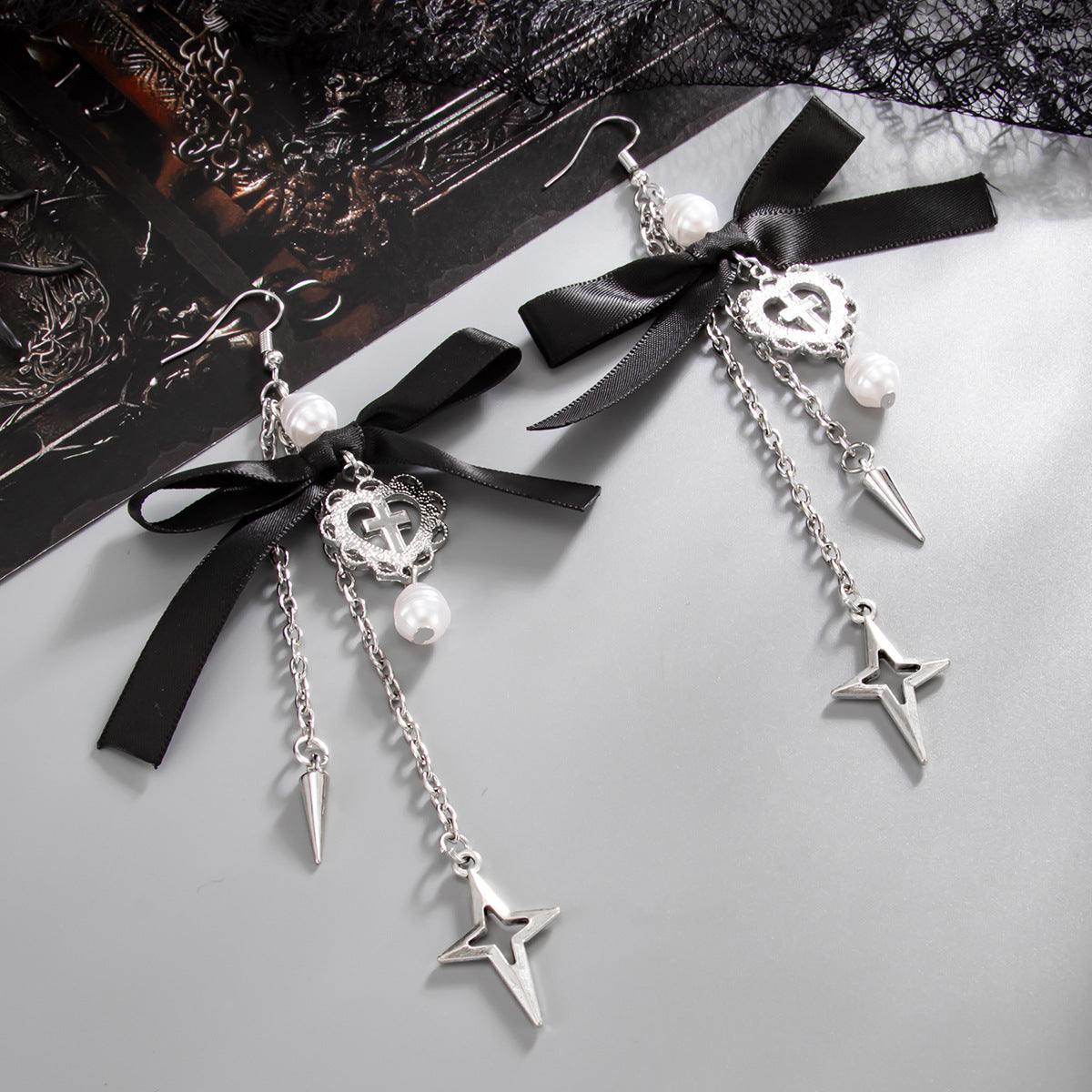 Planderful Vienna Verve Gothic Heart Pendant Earrings Long Fringed Bow Statement For Elegant Women