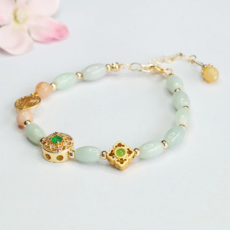 Jadeite Rice Bead & Fu Plaque Bracelet