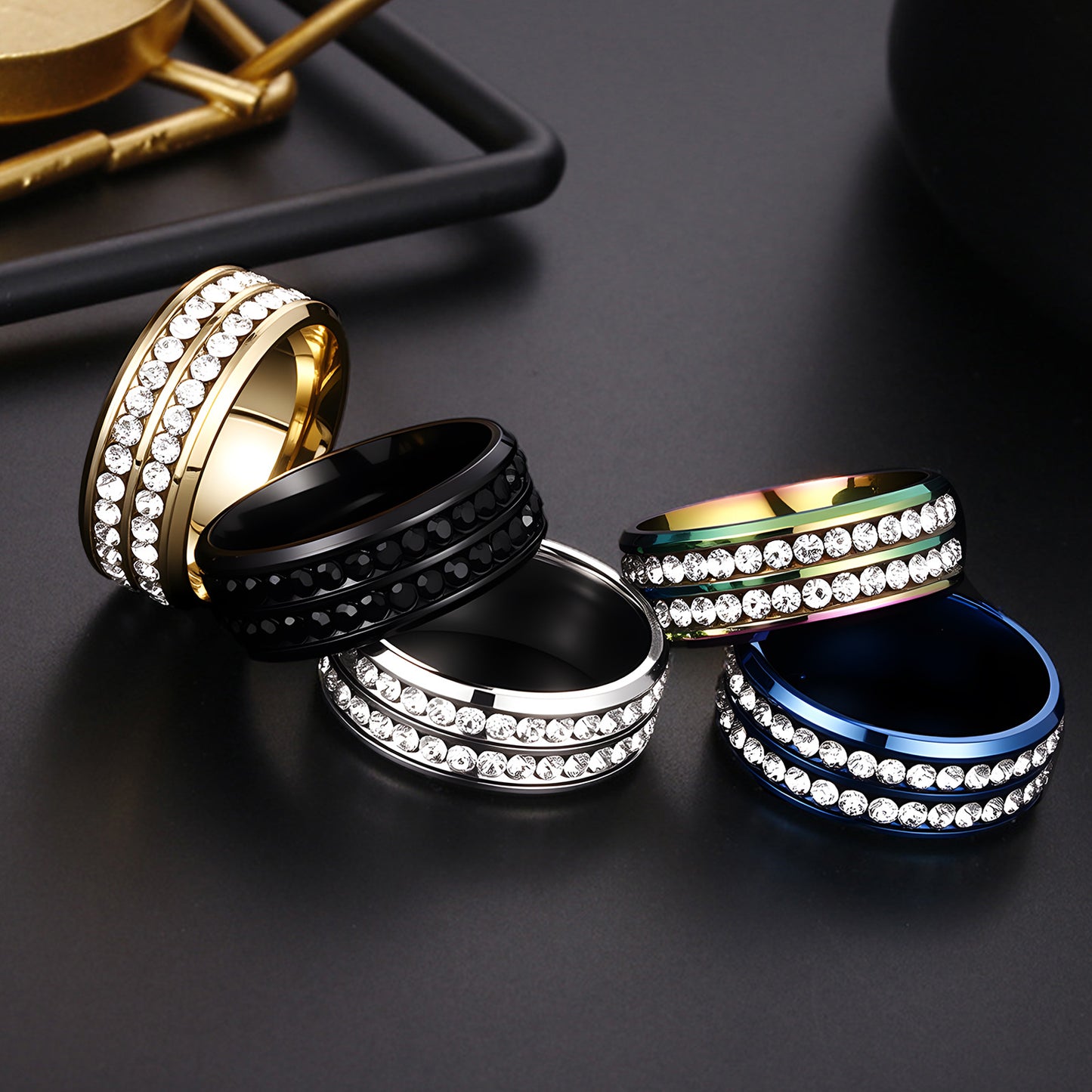 Planderful Premium Titanium Steel Zircon Ring Everyday Genie Double Row Unisex Jewelry