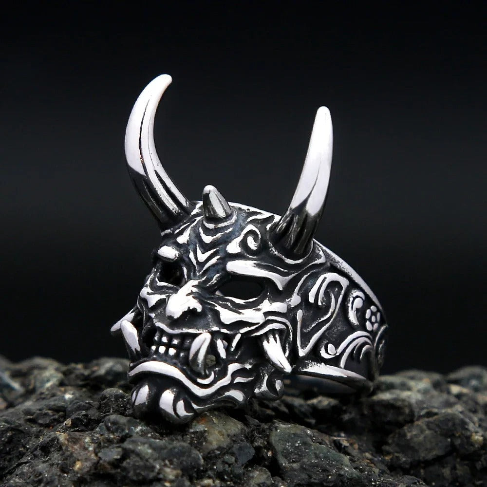 Planderful Titanium Steel Ring For Men Prajna Mask Ghost Head Retro Bold Jewelry