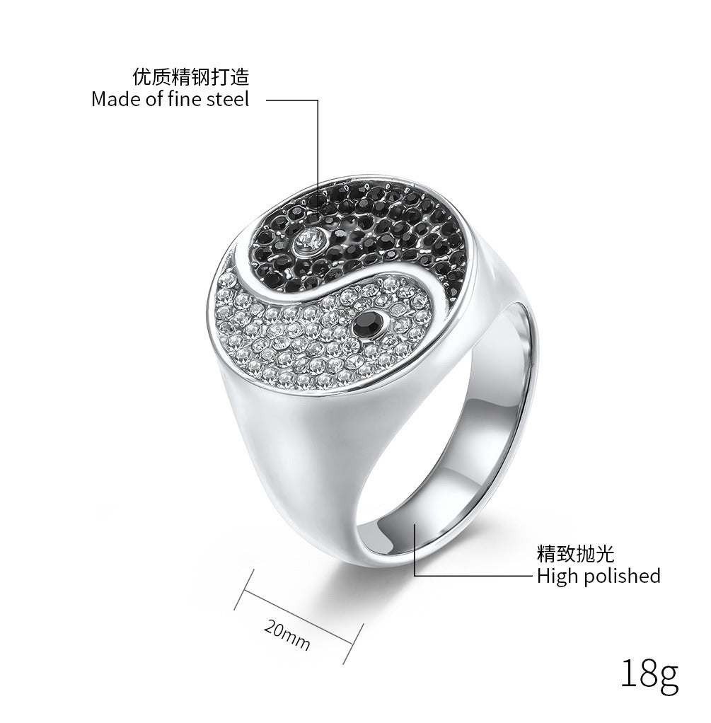 Planderful Tai Chi Ring For Men Stainless Steel With Black And White Zircon Inlay Retro European American Style
