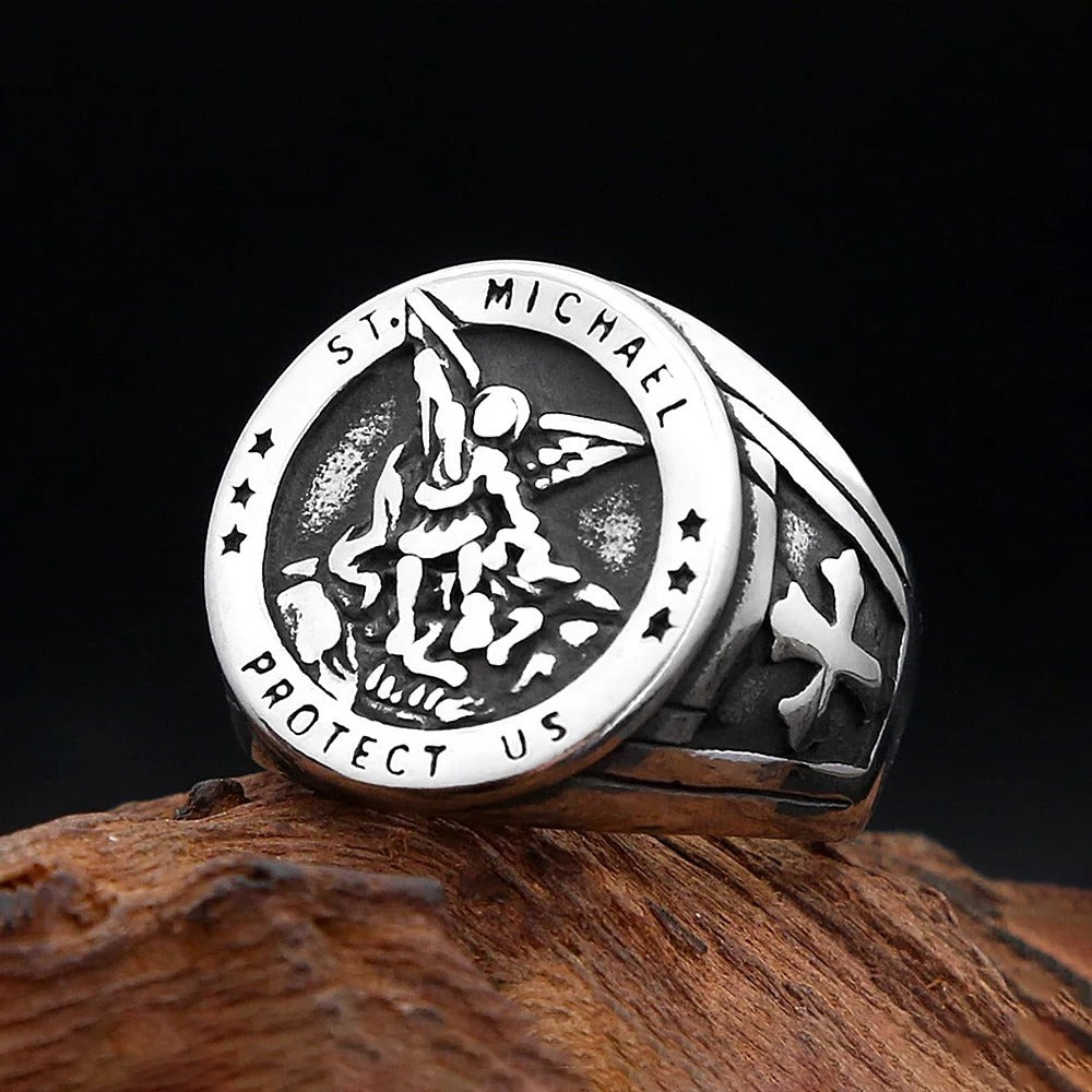 Planderful Archangel Michael Titanium Steel Ring With Angel Wings Cross For Men Mythic God Of War Design