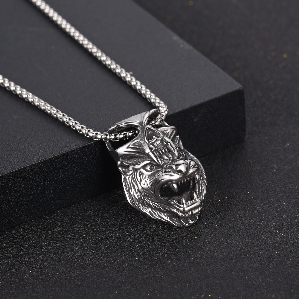 Titanium Steel Wolf Skull God Pendant Necklace, Retro Rock Men's Jewelry