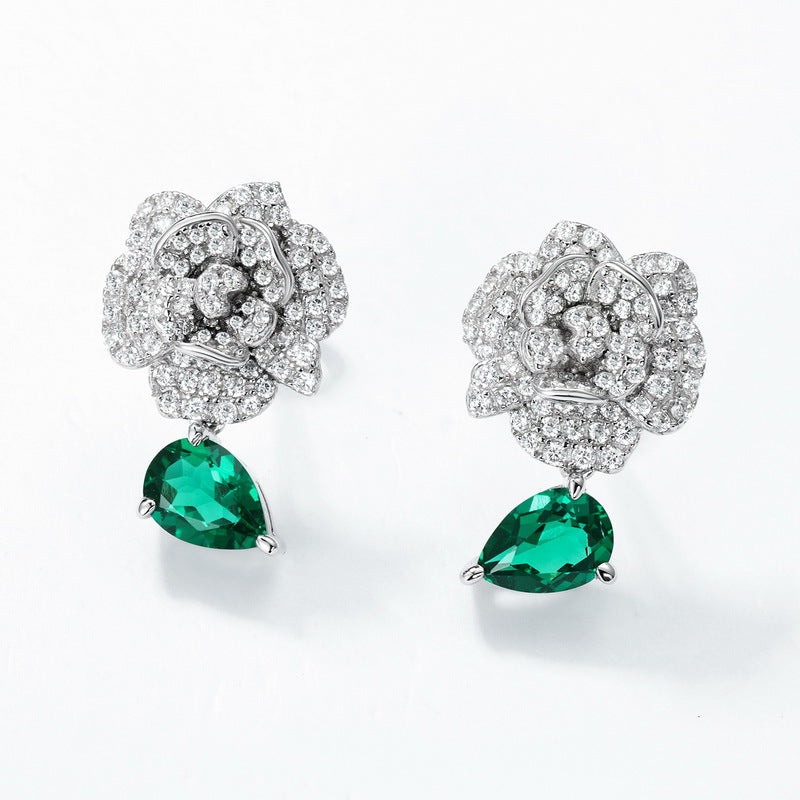 S925 Sterling Silver Lab-Grown Emerald Camellia Stud Earrings